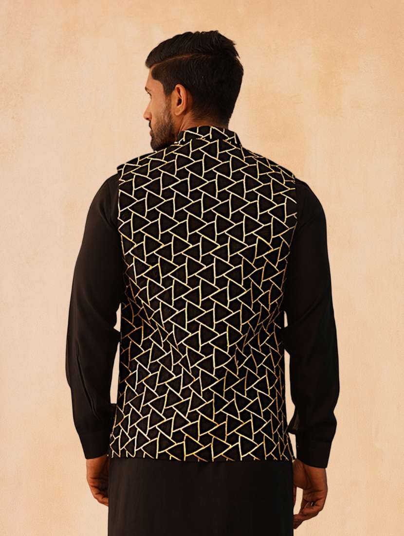 men solid with work mandarin neck regular fit nehru jacket - 22224563 -  Standard Image - 3