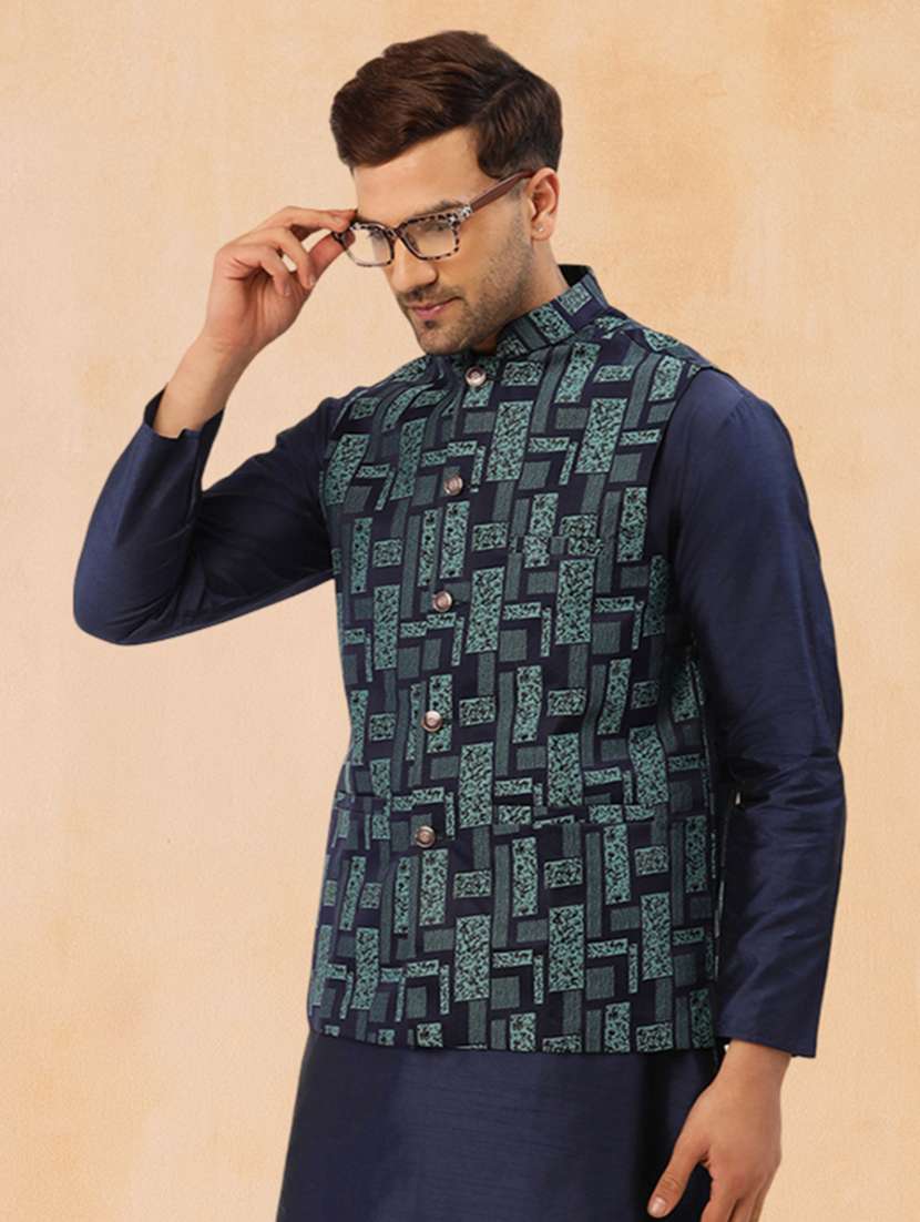 men self design mandarin neck regular fit nehru jacket