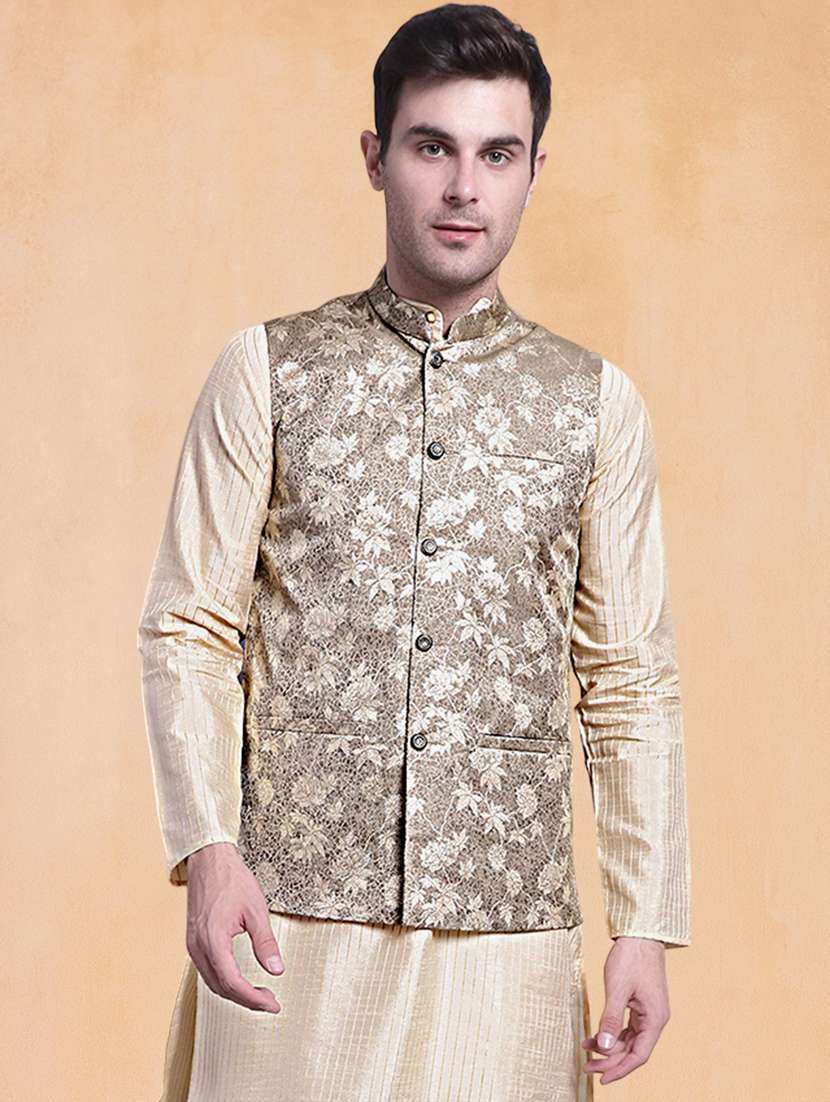 men self design mandarin neck regular fit nehru jacket