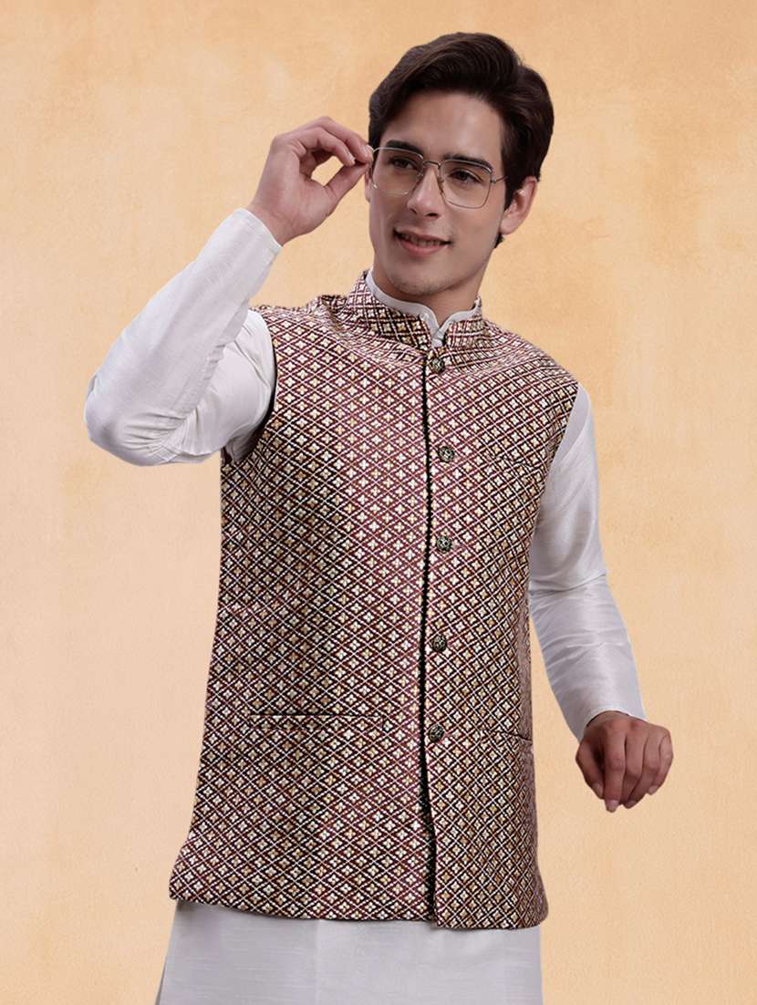 men self design mandarin neck regular fit nehru jacket