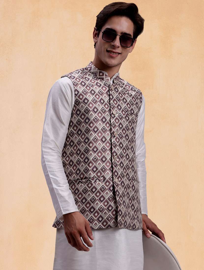 men self design mandarin neck regular fit nehru jacket