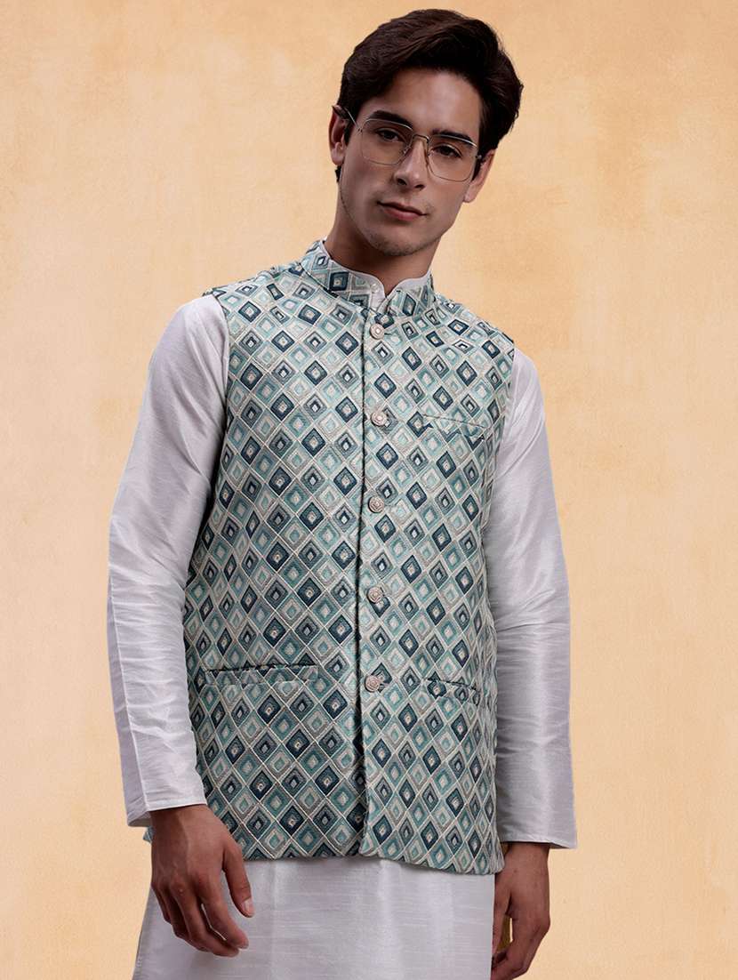 men self design mandarin neck regular fit nehru jacket