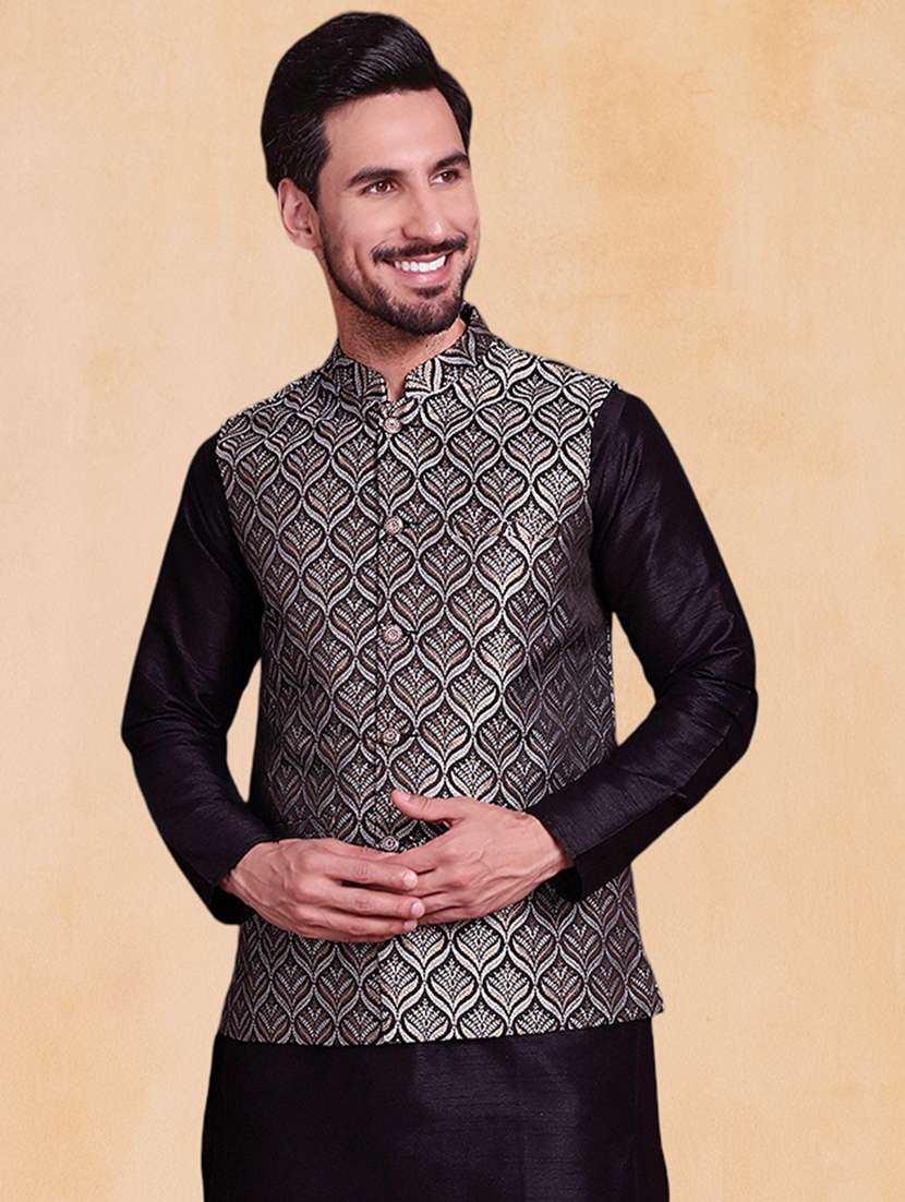 men self design mandarin neck regular fit nehru jacket