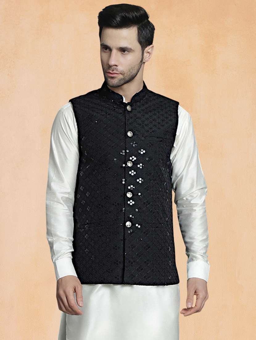men solid with work mandarin neck regular fit nehru jacket - 22224578 -  Zoom Image - 0