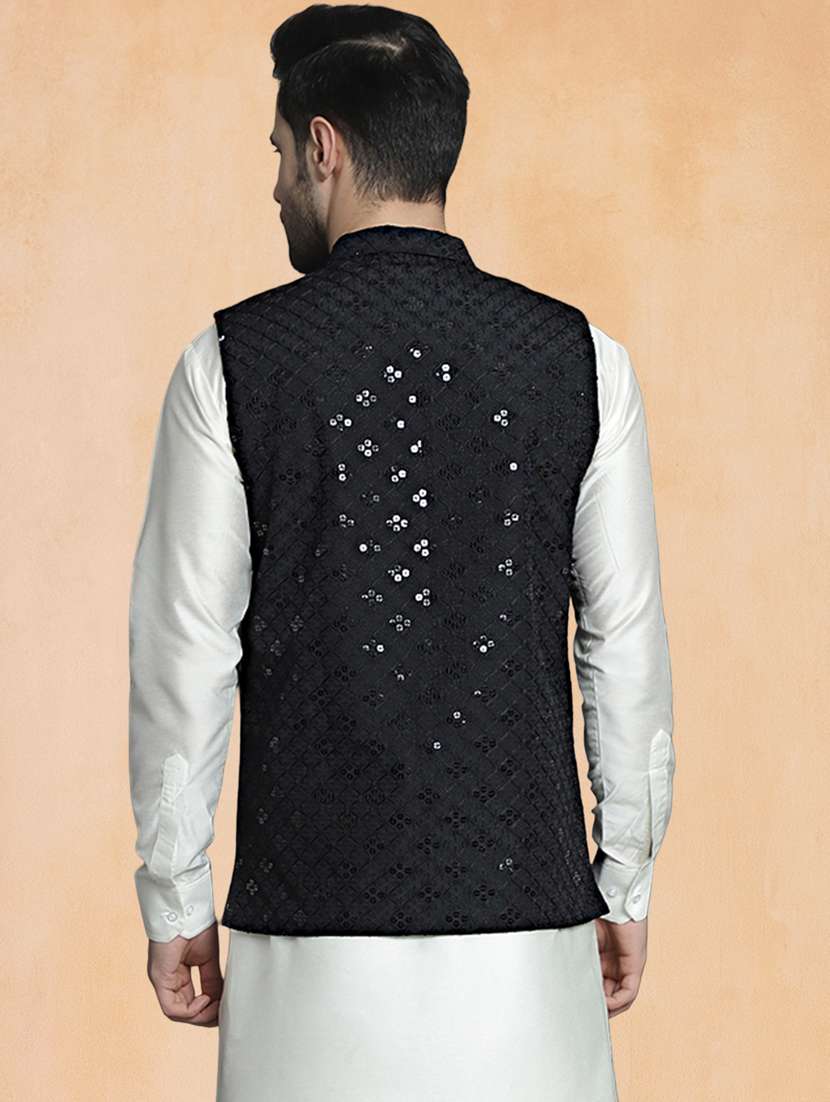 men solid with work mandarin neck regular fit nehru jacket - 22224578 -  Standard Image - 3