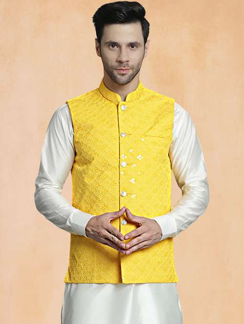 men solid with work mandarin neck regular fit nehru jacket - 22224579 -  Standard Image - 0