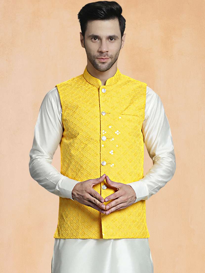 men solid with work mandarin neck regular fit nehru jacket