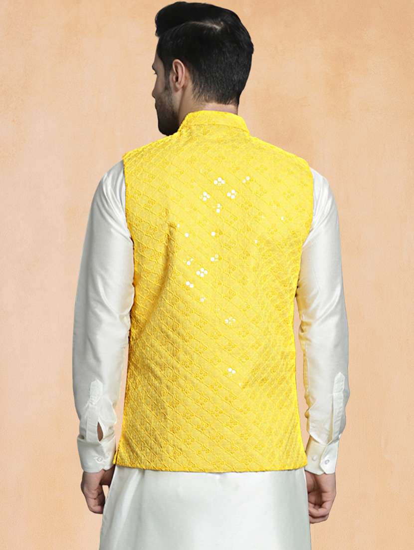 men solid with work mandarin neck regular fit nehru jacket - 22224579 -  Standard Image - 3