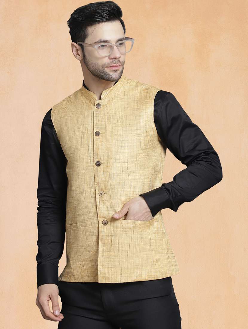 men self design mandarin neck regular fit nehru jacket - 22224580 -  Zoom Image - 0