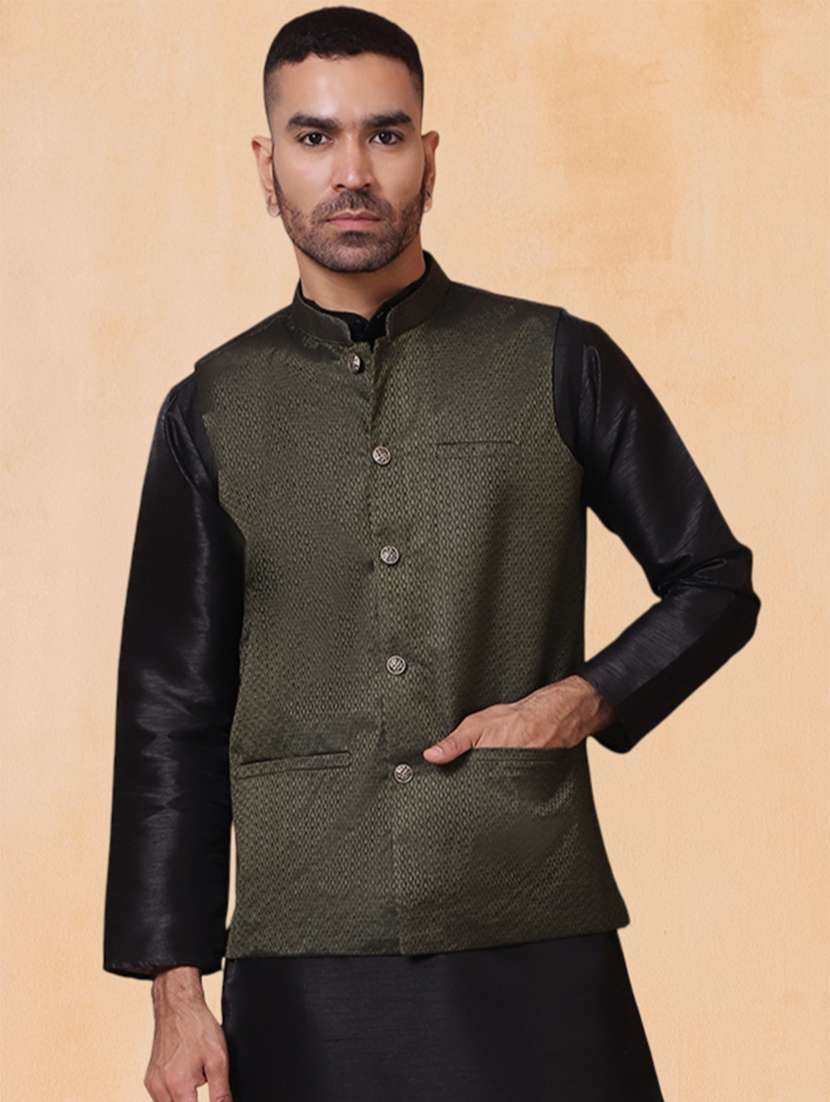 men self design mandarin neck regular fit nehru jacket