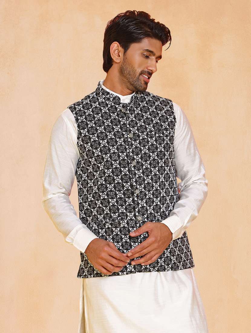 men solid with work mandarin neck regular fit nehru jacket