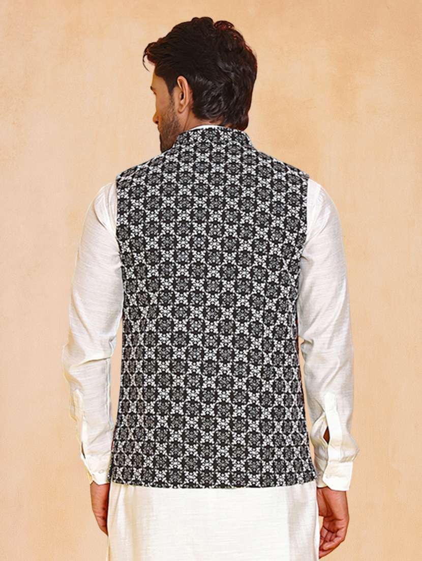 men solid with work mandarin neck regular fit nehru jacket - 22224589 -  Standard Image - 3
