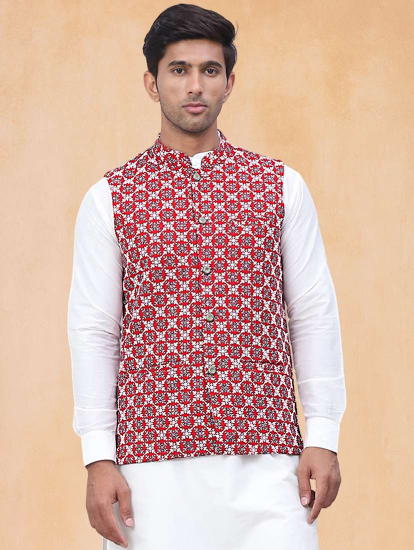 men solid with work mandarin neck regular fit nehru jacket