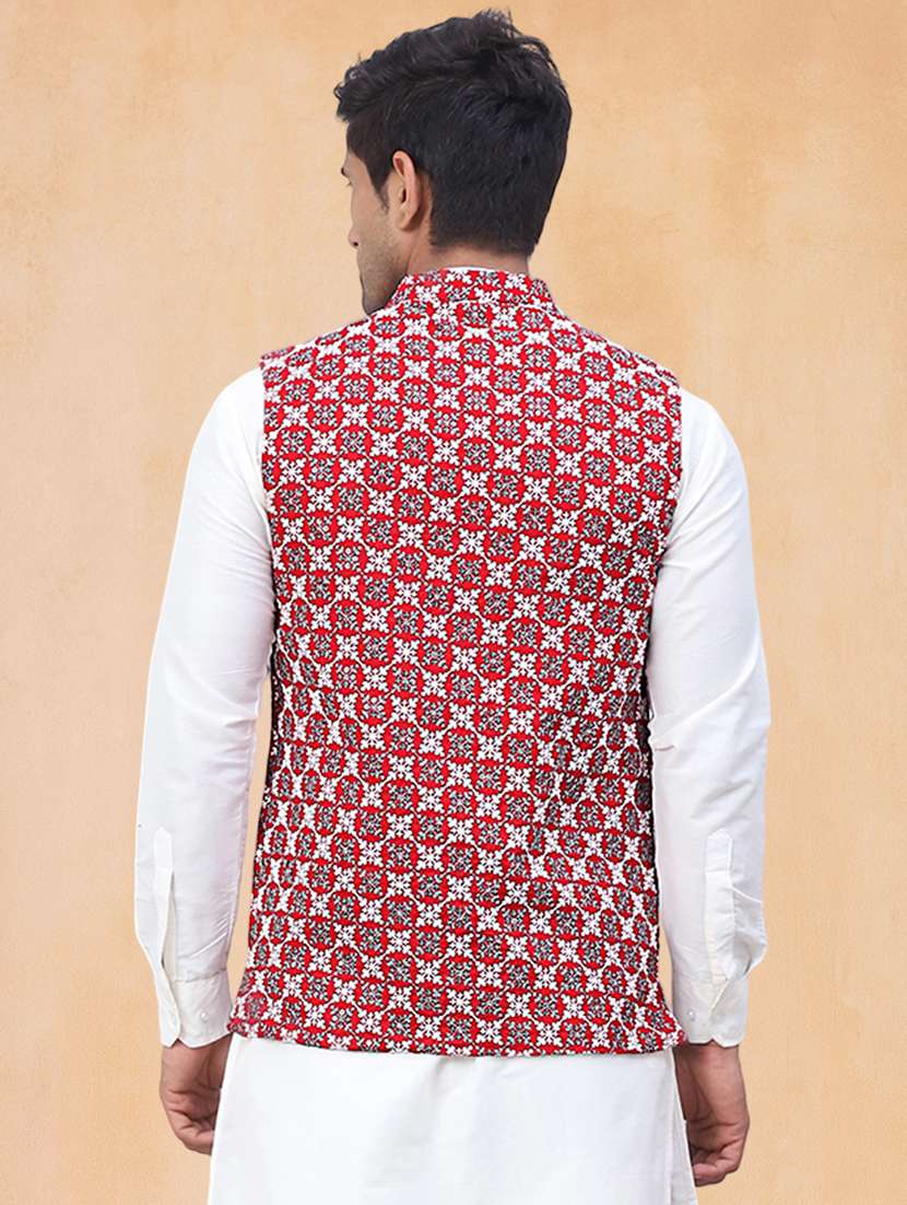 men solid with work mandarin neck regular fit nehru jacket - 22224590 -  Standard Image - 3