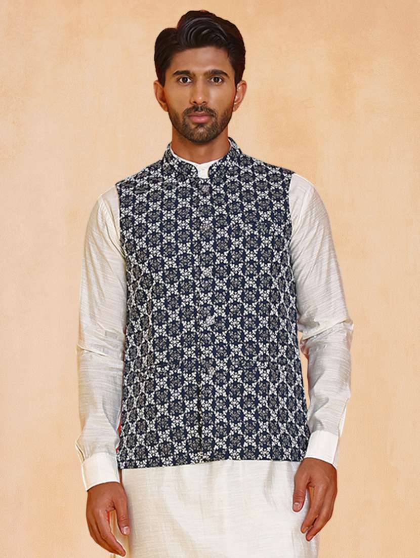 men solid with work mandarin neck regular fit nehru jacket
