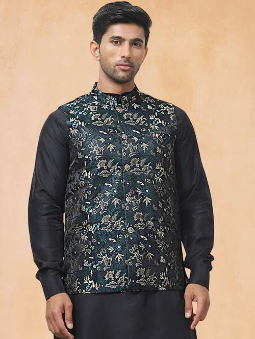 men solid with work mandarin neck regular fit nehru jacket - 22224596 -  Standard Image - 0