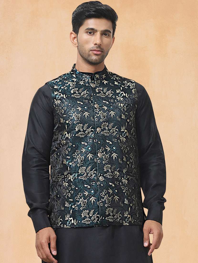 men solid with work mandarin neck regular fit nehru jacket