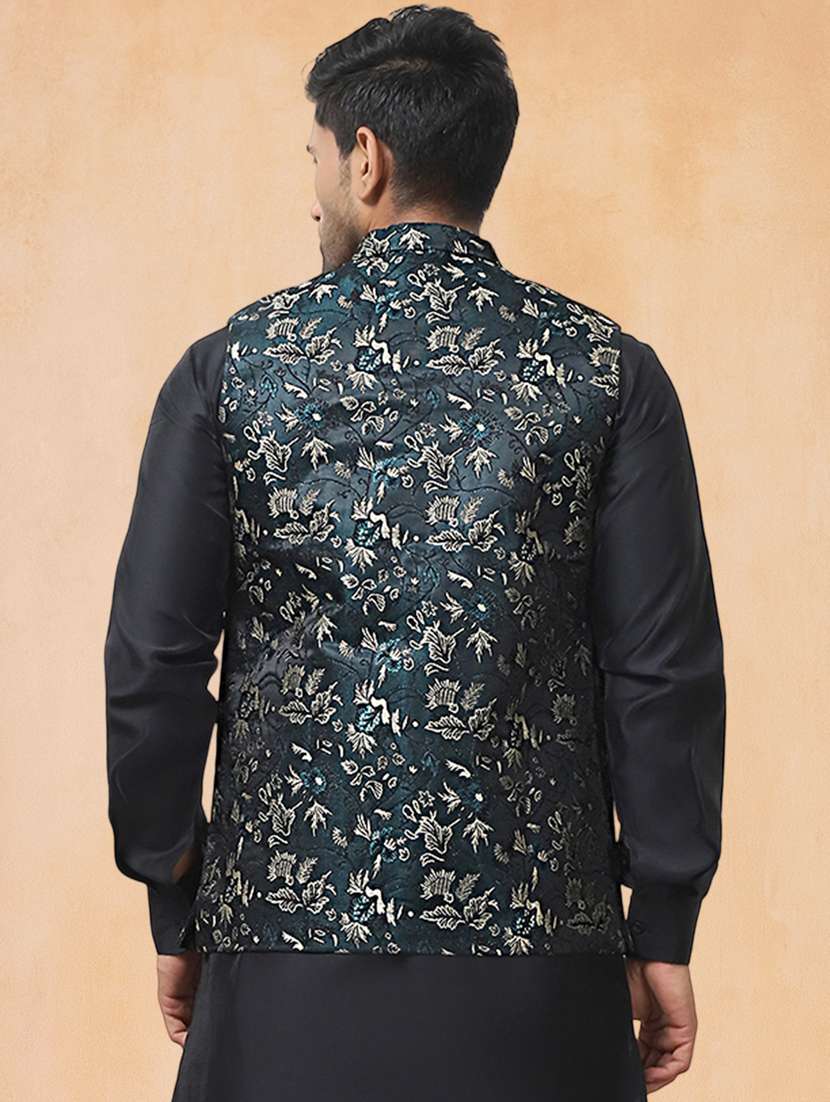 men solid with work mandarin neck regular fit nehru jacket - 22224596 -  Standard Image - 3