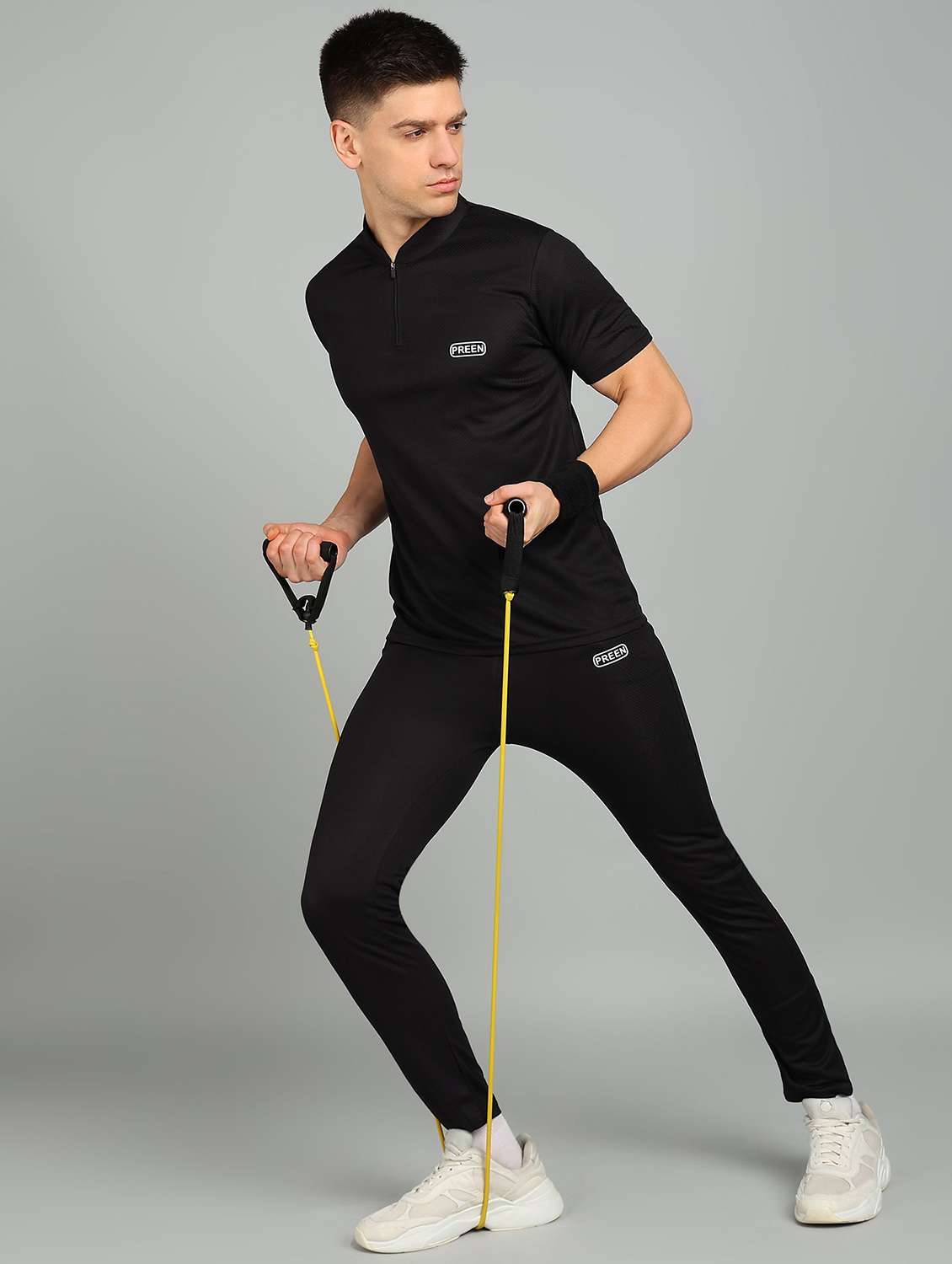 men solid short sleeve full length co-ord set