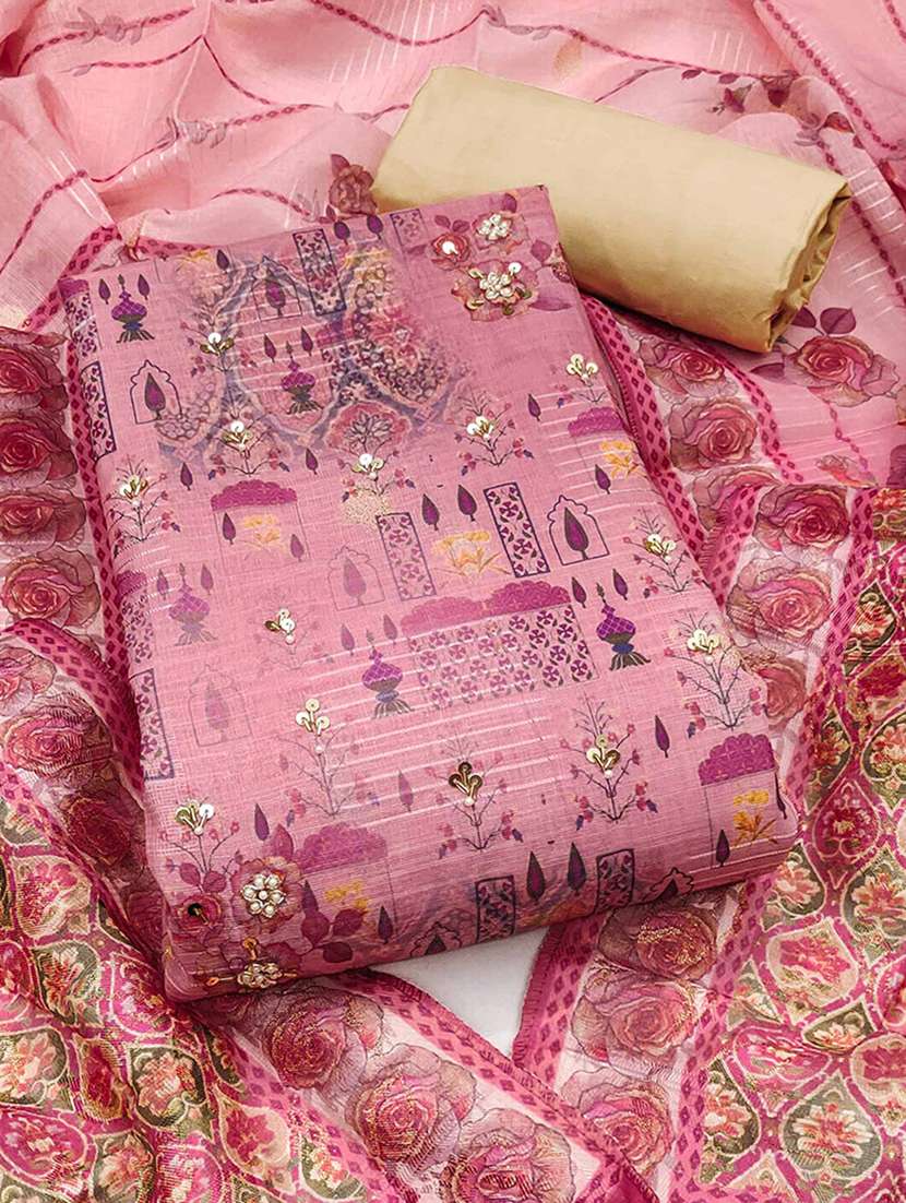 women printed seqin work unstitched suit set