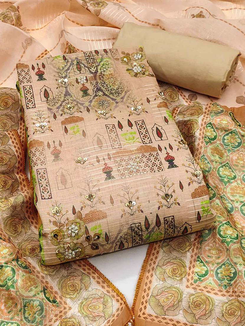 women printed seqin work unstitched suit set