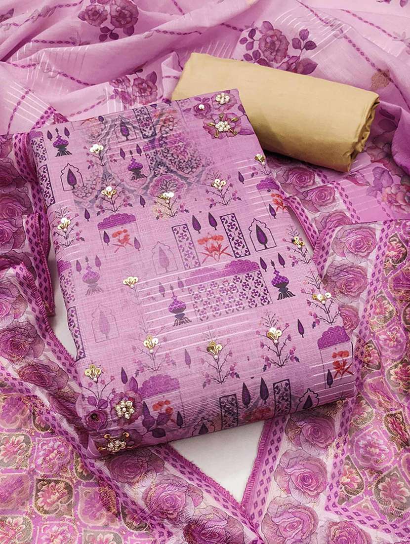women printed seqin work unstitched suit set