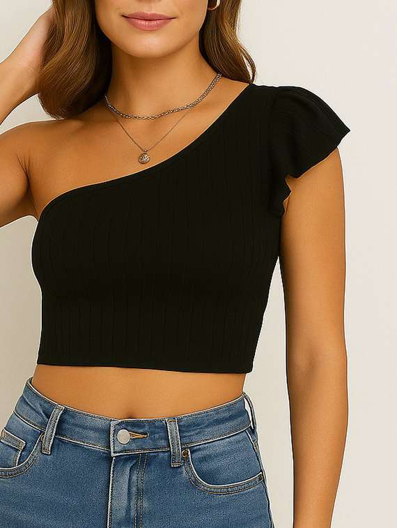 women solid single shoulder crop top - 22224724 -  Standard Image - 3
