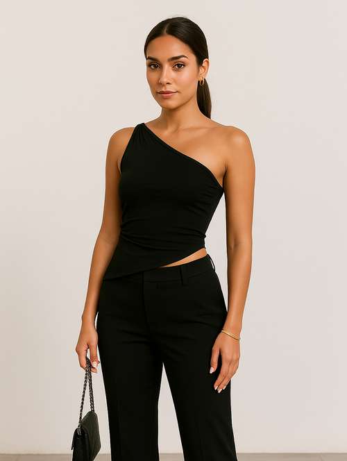 women solid single shoulder asymmetric top - 22224728 -  Standard Image - 0