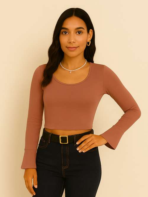 women solid bell sleeve crop top - 22224731 -  Standard Image - 0