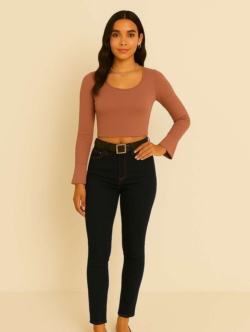 women solid bell sleeve crop top - 22224731 -  Standard Image - 3