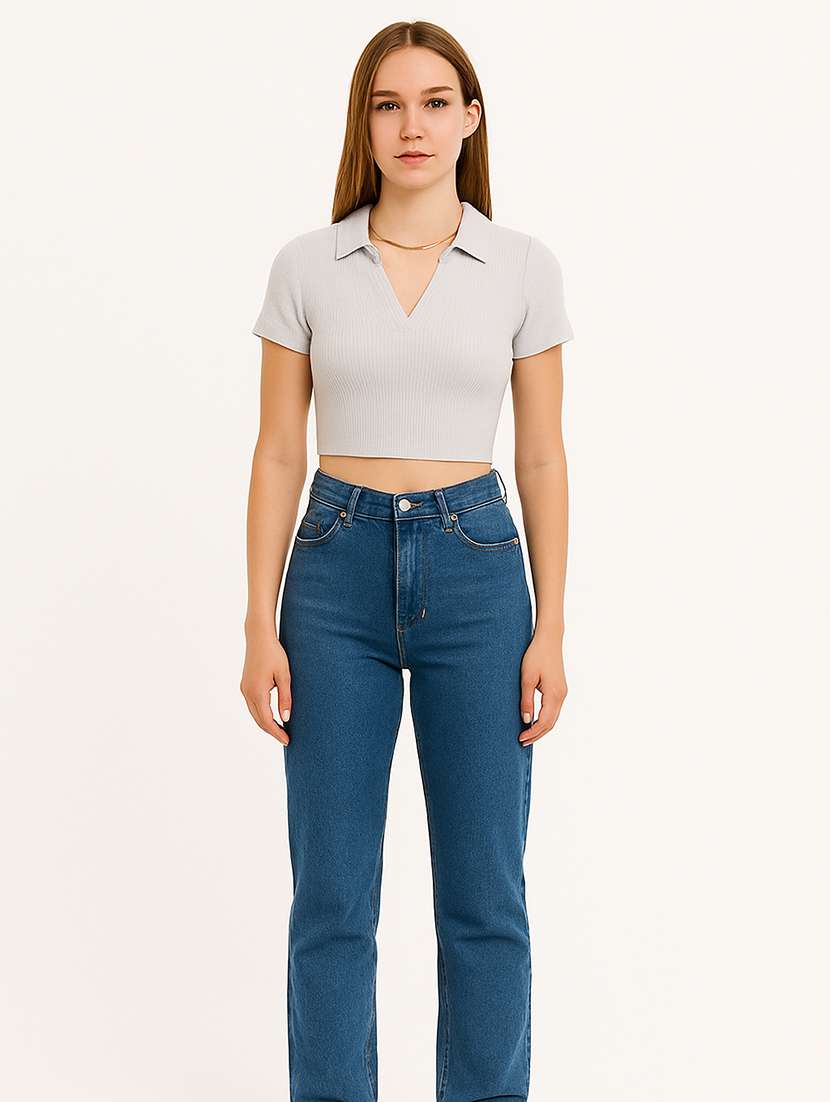 women solid short sleeve collared crop top - 22224733 -  Standard Image - 3