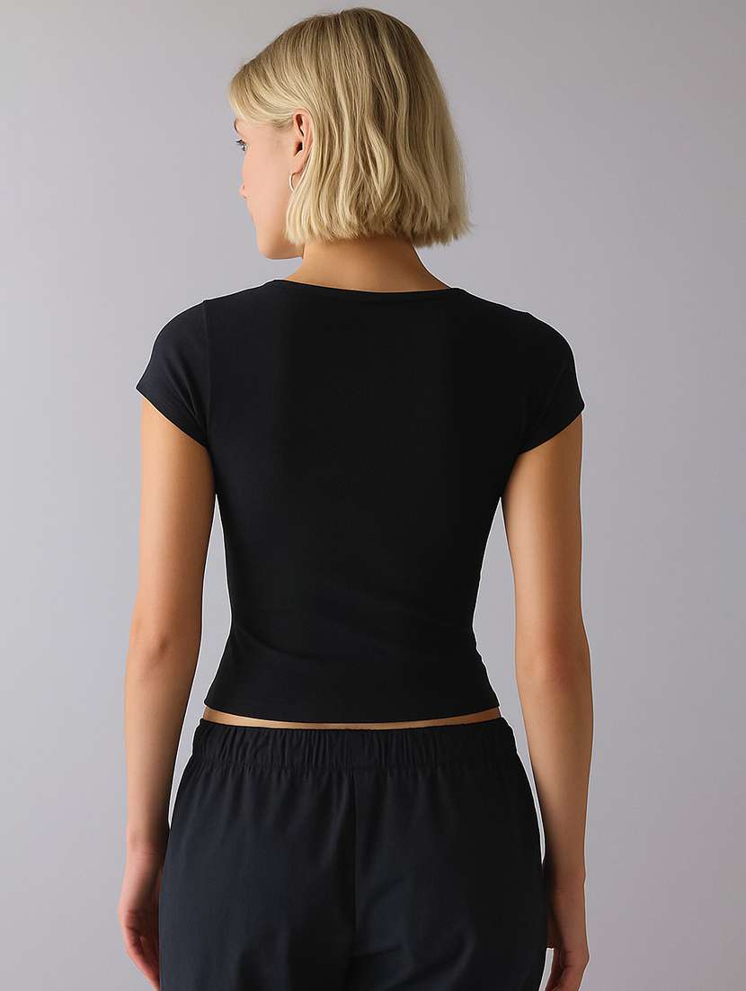women black solid short sleeve crop top - 22224734 -  Standard Image - 3