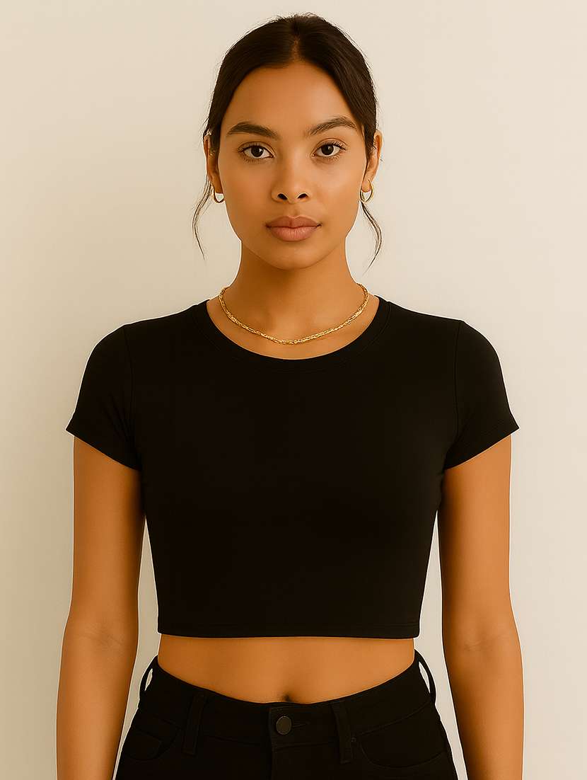 women black solid short sleeve crop top - 22224735 -  Zoom Image - 0