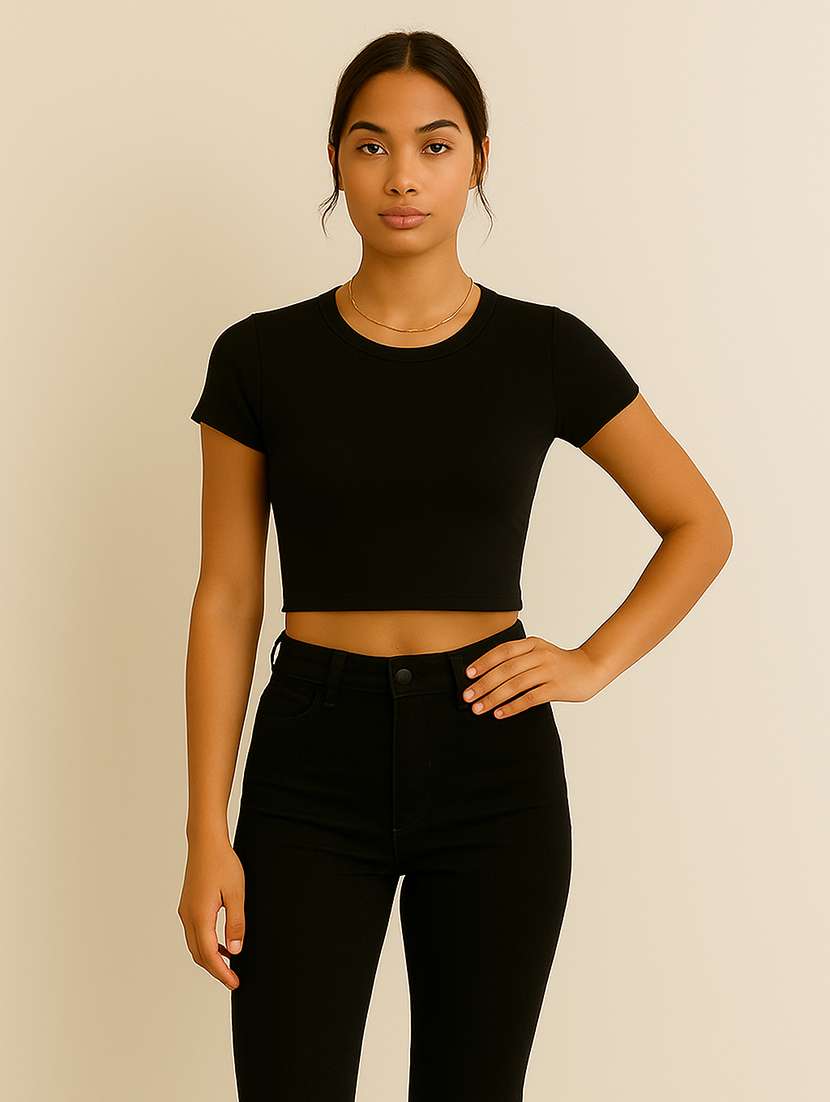 women black solid short sleeve crop top - 22224735 -  Standard Image - 3