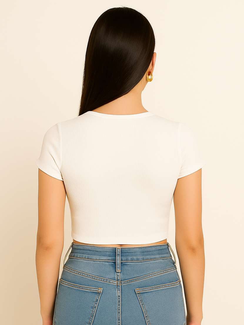 women white solid short sleeve crop top - 22224736 -  Standard Image - 3
