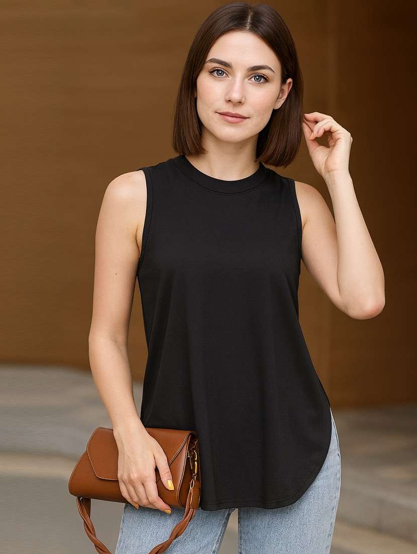 women solid sleeveless active wear t-shirt