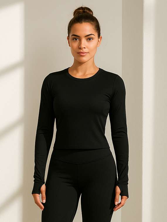 women black solid long sleeve thumbhole t-shirt