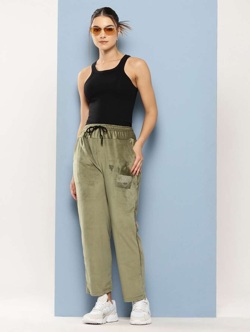 women solid mid rise velvet track pant - 22224871 -  Standard Image - 3