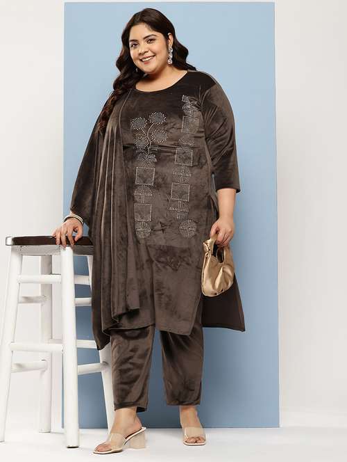 women plus size embellished three quarter sleeve kurta pant with dupatta set - 22224897 -  Standard Image - 0