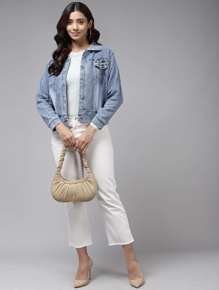 women solid with work long sleeve denim jacket - 22224902 -  Standard Image - 3