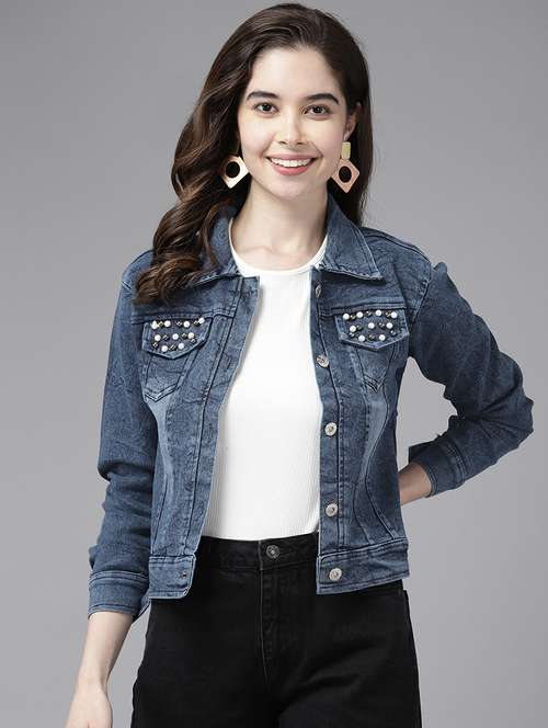 women solid with work long sleeve denim jacket - 22224903 -  Standard Image - 0