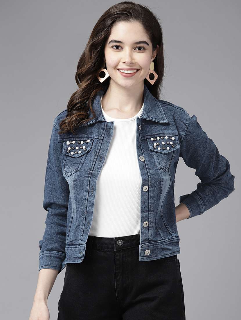 women solid with work long sleeve denim jacket