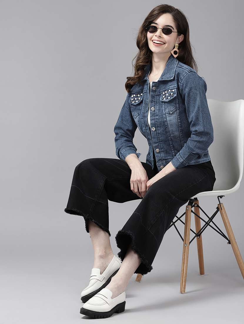 women solid with work long sleeve denim jacket - 22224903 -  Standard Image - 3