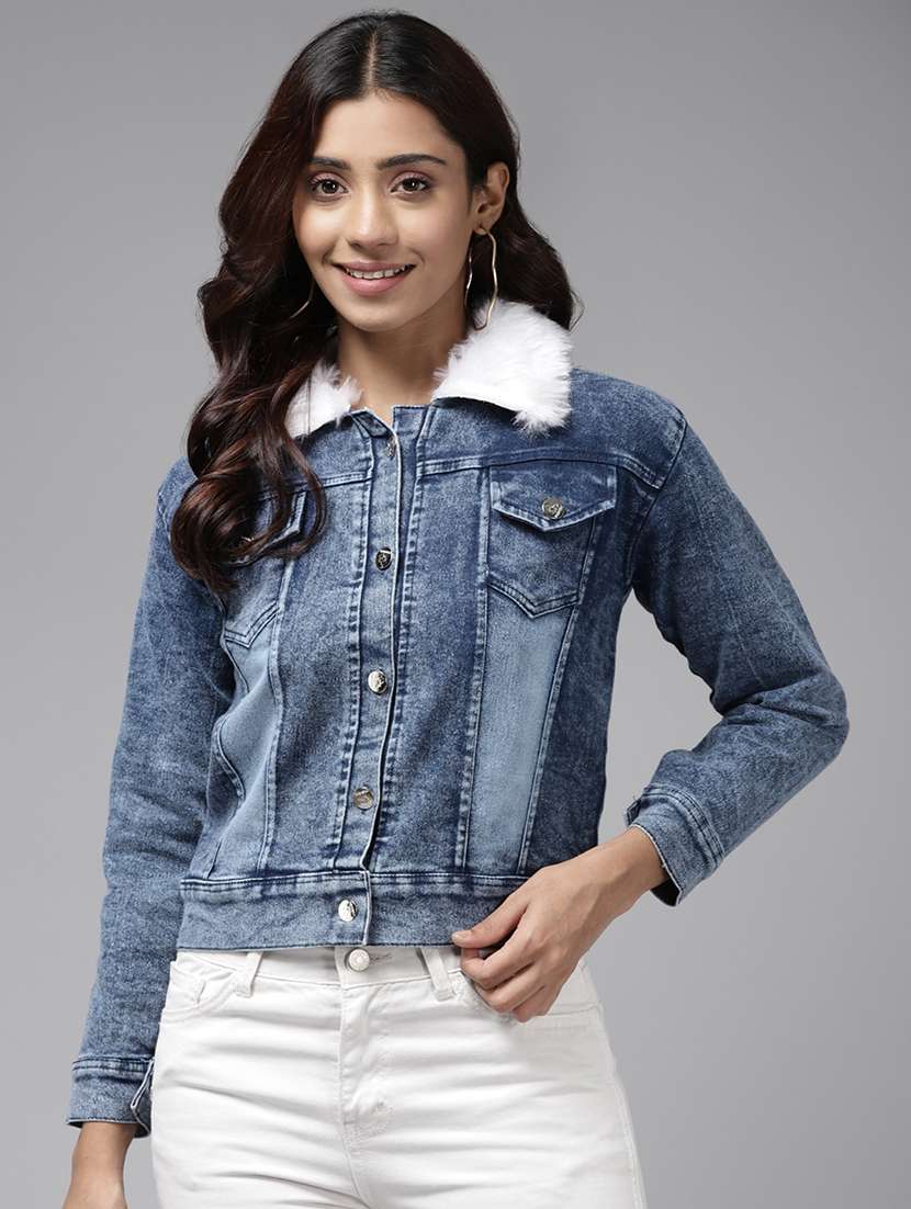 women solid long sleeve denim jacket