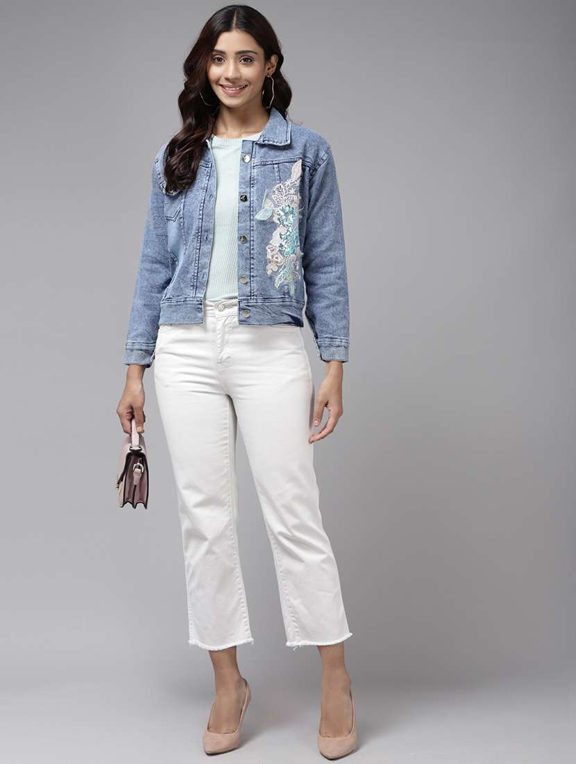 women solid with work long sleeve denim jacket - 22224905 -  Standard Image - 3