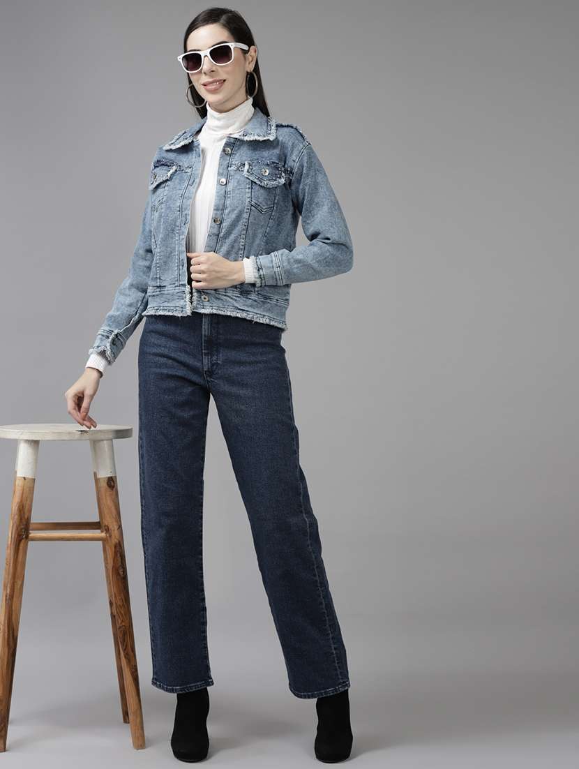 women solid with work long sleeve denim jacket - 22224907 -  Standard Image - 3