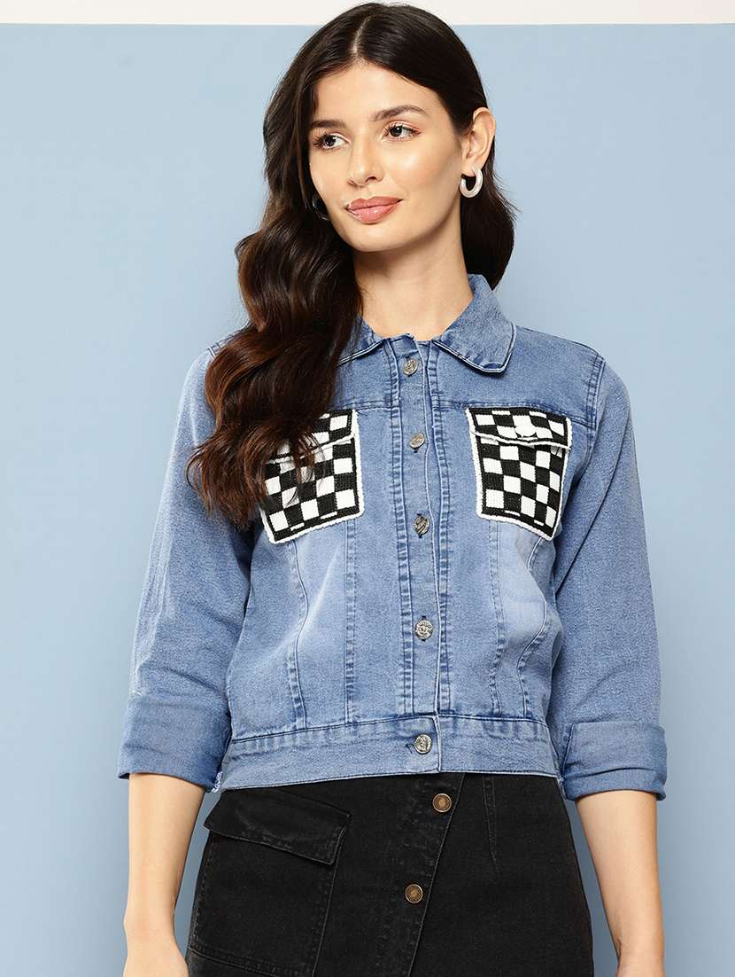 women patched work long sleeve denim jacket - 22224917 -  Zoom Image - 0