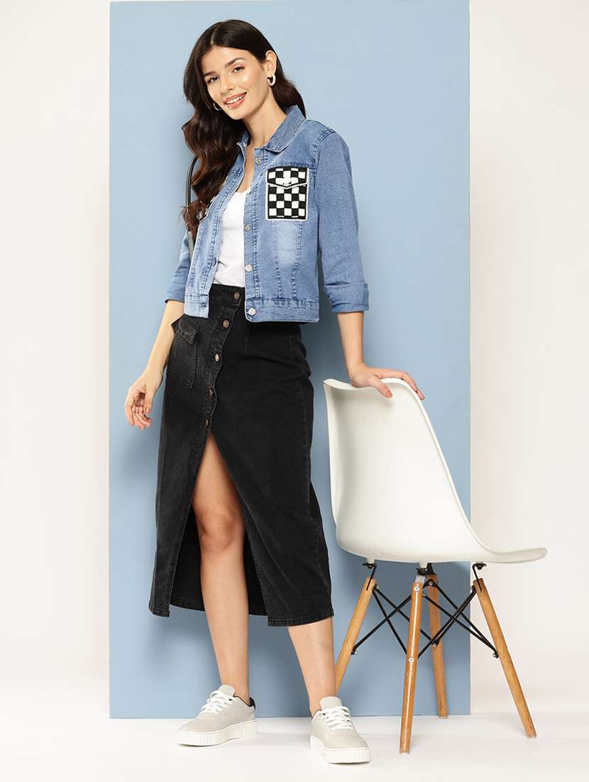 women patched work long sleeve denim jacket - 22224917 -  Standard Image - 3