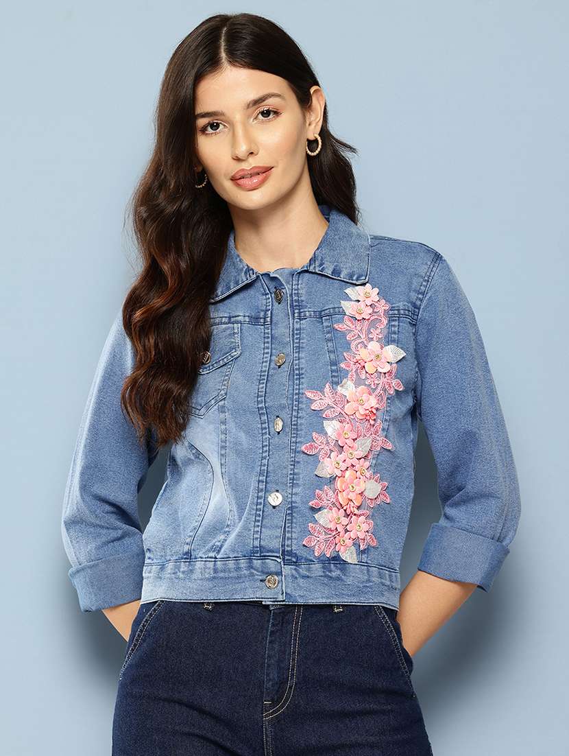 women patched work long sleeve denim jacket