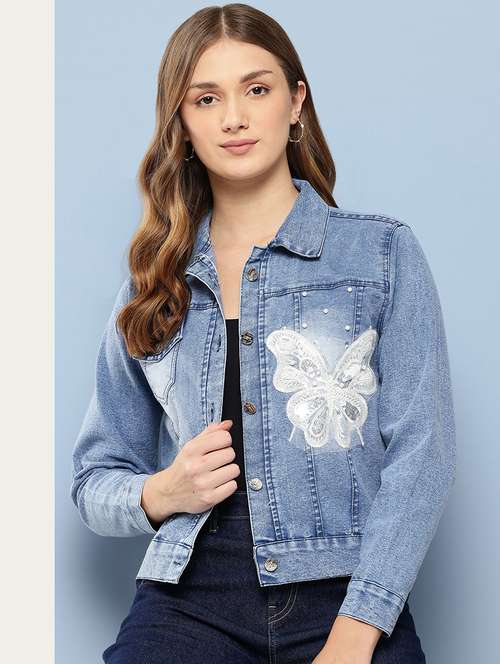 women solid with work long sleeve denim jacket - 22224925 -  Standard Image - 0